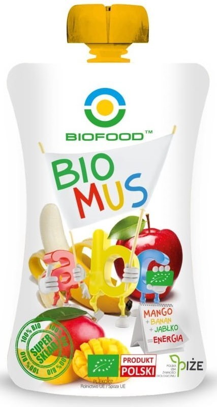 MUS MANGO - BANAN - JABŁKO BEZGLUTENOWY BIO 120 g - BIOFOOD MUS MANGO - BANAN - JABŁKO BEZGLUTENOWY BIO 120 g - BIOFOOD